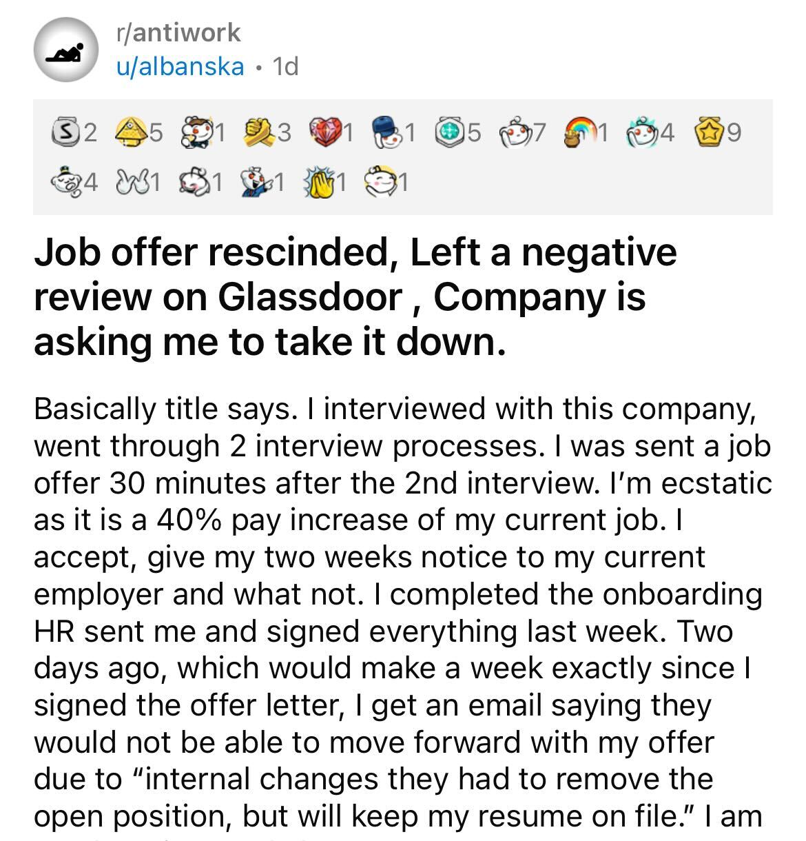 document - rantiwork ualbanska 1d 32 45 4 1 e 13 1 0 5 14 Job offer rescinded, Left a negative review on Glassdoor, Company is asking me to take it down. Basically title says. I interviewed with this company, went through 2 interview processes. I was sent