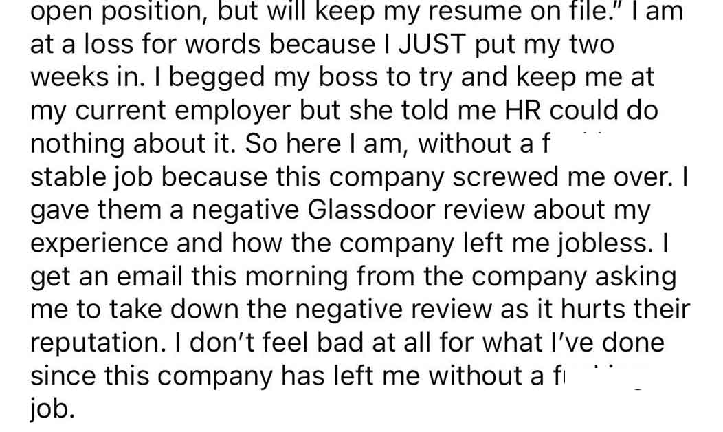  Company Asks Person to Delete Negative Glassdoor Review After They Rescind a Job Offer