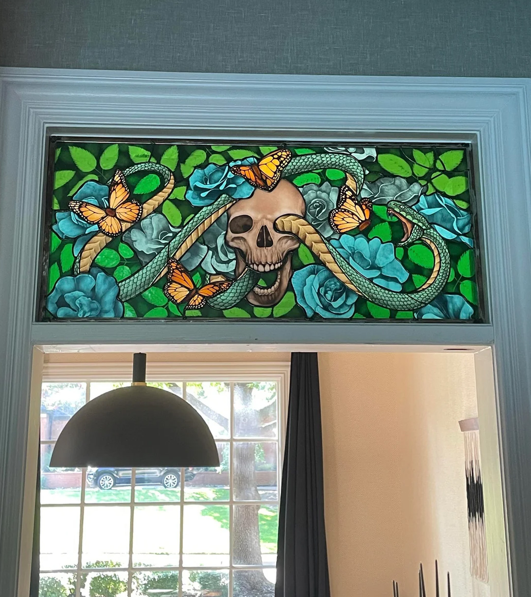 A homemade stained glass window.