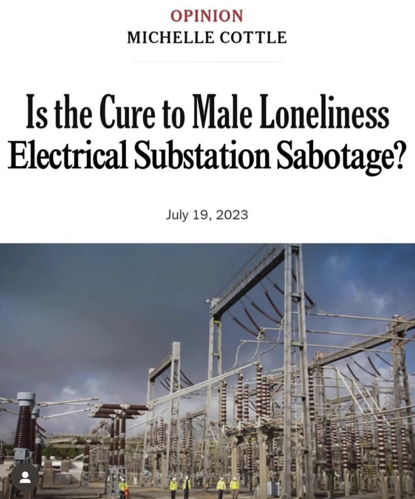 power substation - Opinion Michelle Cottle Is the Cure to Male Loneliness Electrical Substation Sabotage? P mummy Smstances Gvas Seww..C Evenim Jaromat Thereg D Manue Tersumber Abww Fer Wilatinom Stere