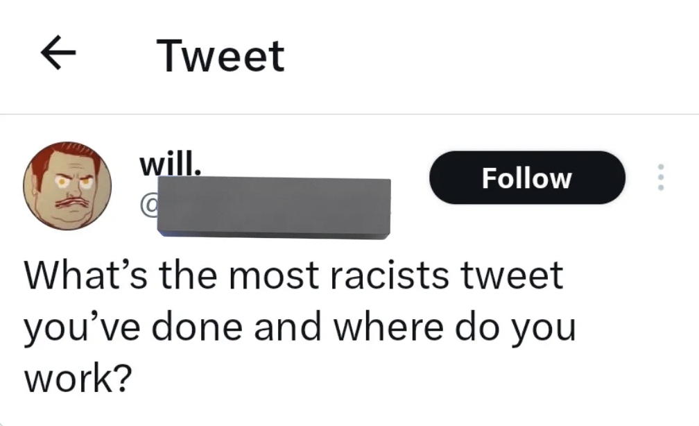 want a son tweet - Tweet will. @ What's the most racists tweet you've done and where do you work?
