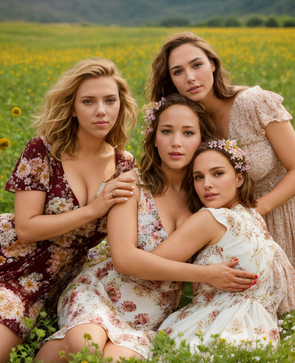 An AI generated / Photoshopped image of Scarlett Johansson, Jennifer Lawrence, Natalie Portman and Gal Gadot