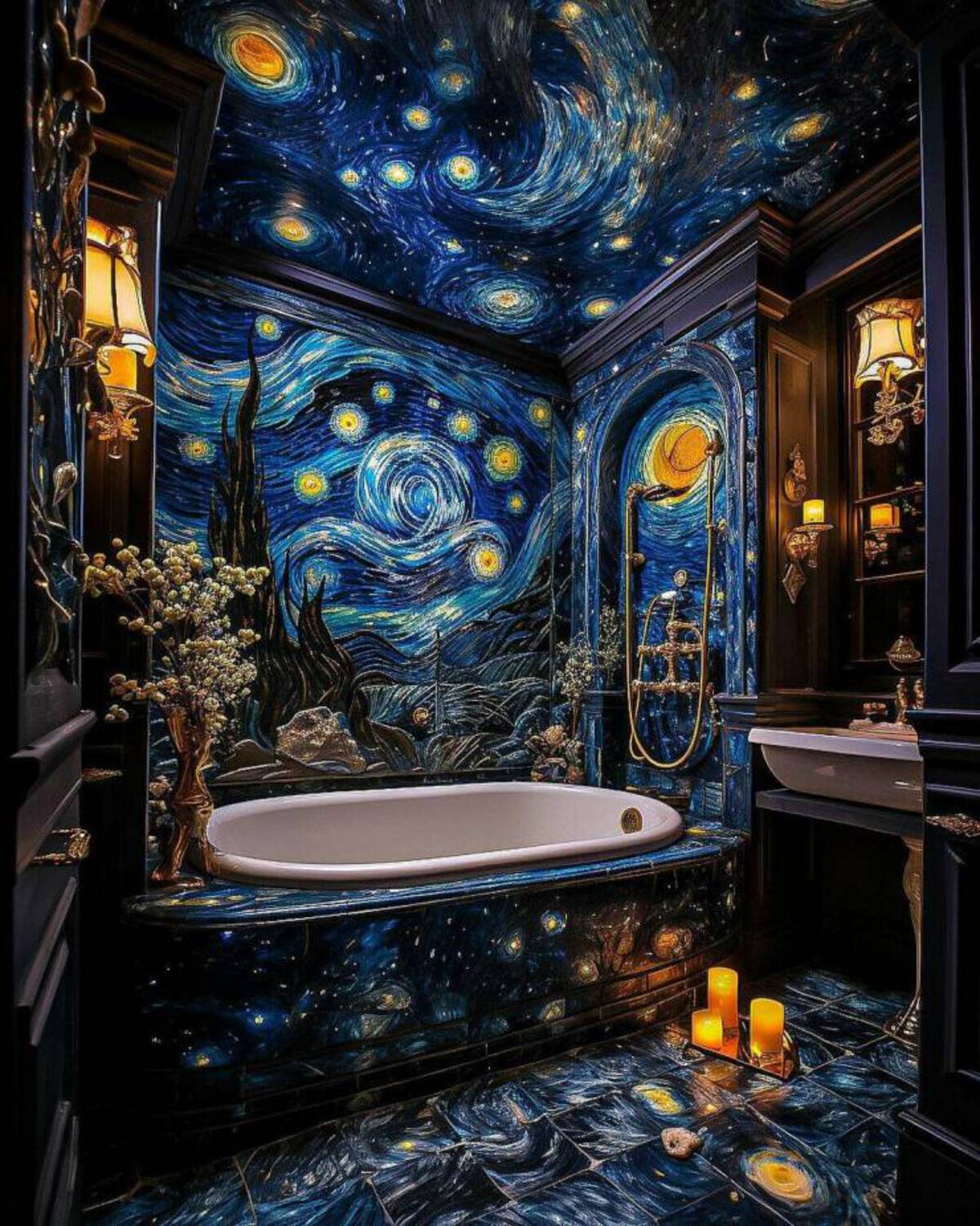 Someone had their bathroom done in the style of The  Starry Night by Van Gough.