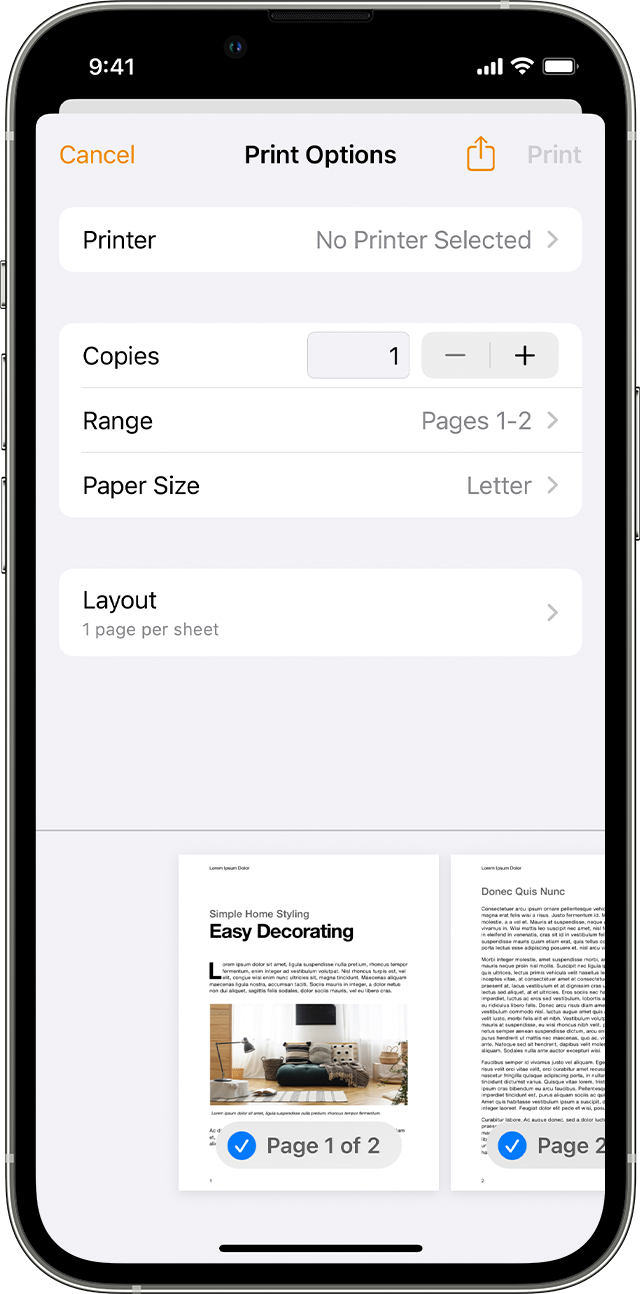 things you didn't know your phone can do - print from iphone - Cancel Printer Copies Range Paper Size Layout 1 page per sheet Print Options No Printer Selected > Easy Decorating Page 1 of 2 all 1 Pages 12 > Letter > Page 2