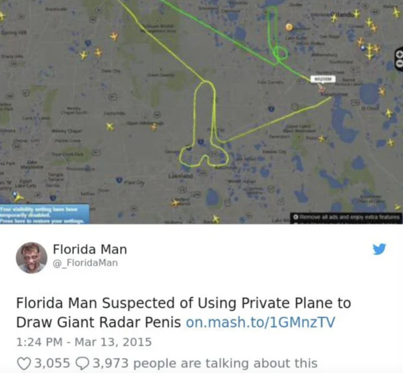 florida man radar  - Florida Man temor at ads and egy estreatures Florida Man Suspected of Using Private Plane to Draw Giant Radar  on.mash.to1GMnzTV 3,055 3,