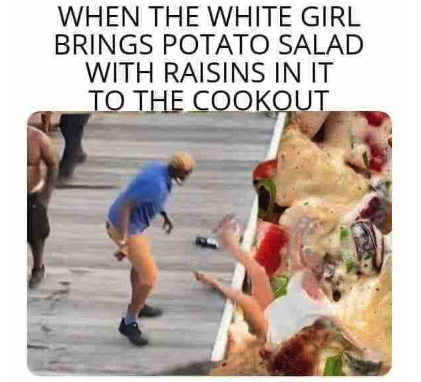 Montgomery Riverfront Brawl memes - liberty life - When The White Girl Brings Potato Salad With Raisins In It To The Cookout