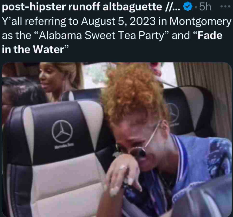 Montgomery Riverfront Brawl memes - photo caption - posthipster runoff altbaguette ....5h Y'all referring to in Montgomery as the "Alabama Sweet Tea Party" and "Fade in the Water"