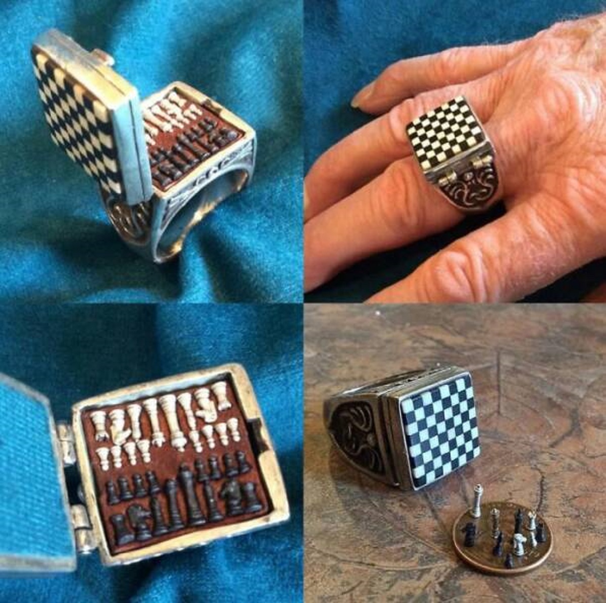 A ring-sized portable chessboard with pieces.
