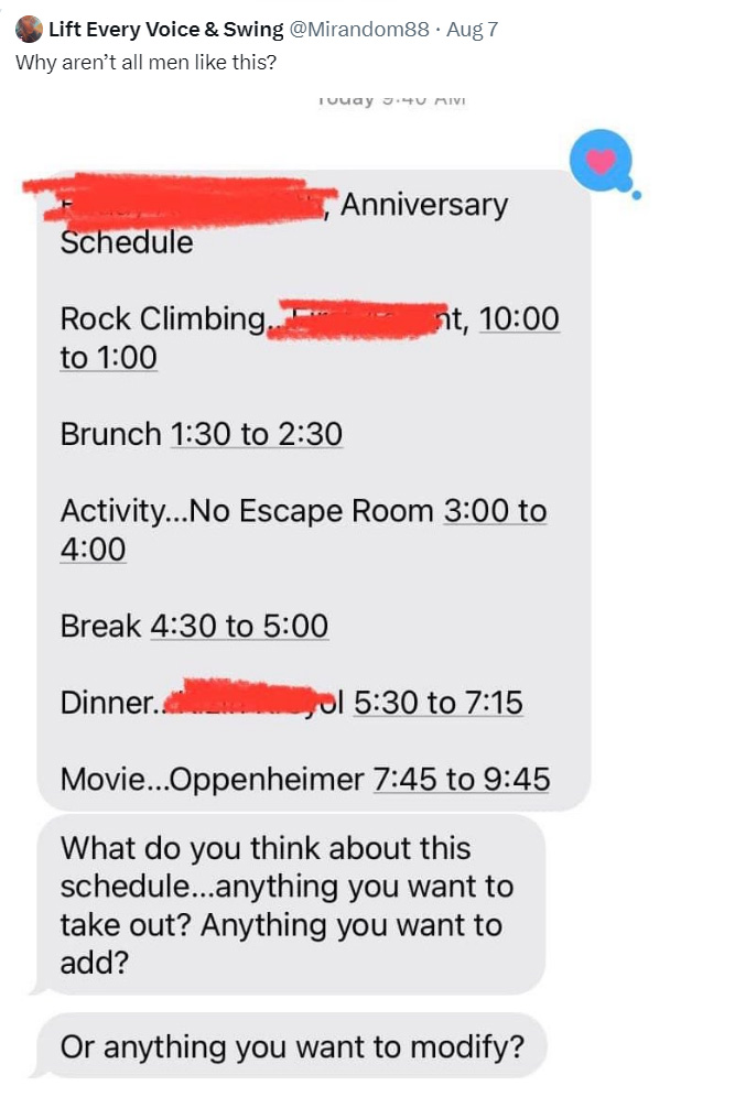 A couple's insane <a href="https://twitter.com/normalmadeline/status/1689060678022127616" target="_blank"><b><u>anniversary itinerary</b></u></a> goes viral for all the planned activities and lack of le sexy time.