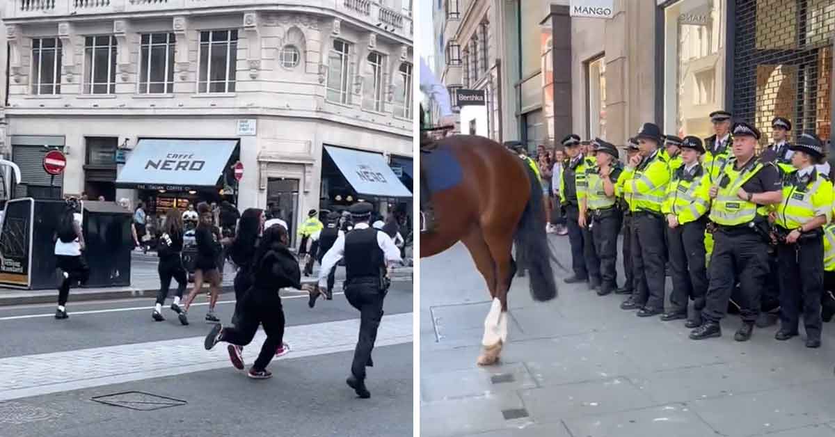 A<a href="https://www.ebaumsworld.com/articles/mass-shoplifting-event-in-london-leads-to-brutal-brawl-between-cops-and-young-people/87431719/" target="_blank"><b><u> ‘mass shoplifting event’</b></u></a> in London leads to a brutal brawl between cops and teens. Yesterday, dozens of British youths causes a ruckus on Oxford Street in London due to an alleged “viral Snapchat.” The screenshot (acquired by the Daily Mail) that was passed around allegedly encouraged teens to rob JD Sports in Oxford at noon. The result was a large meeting of teens, police officers, and horses carrying police officers.
