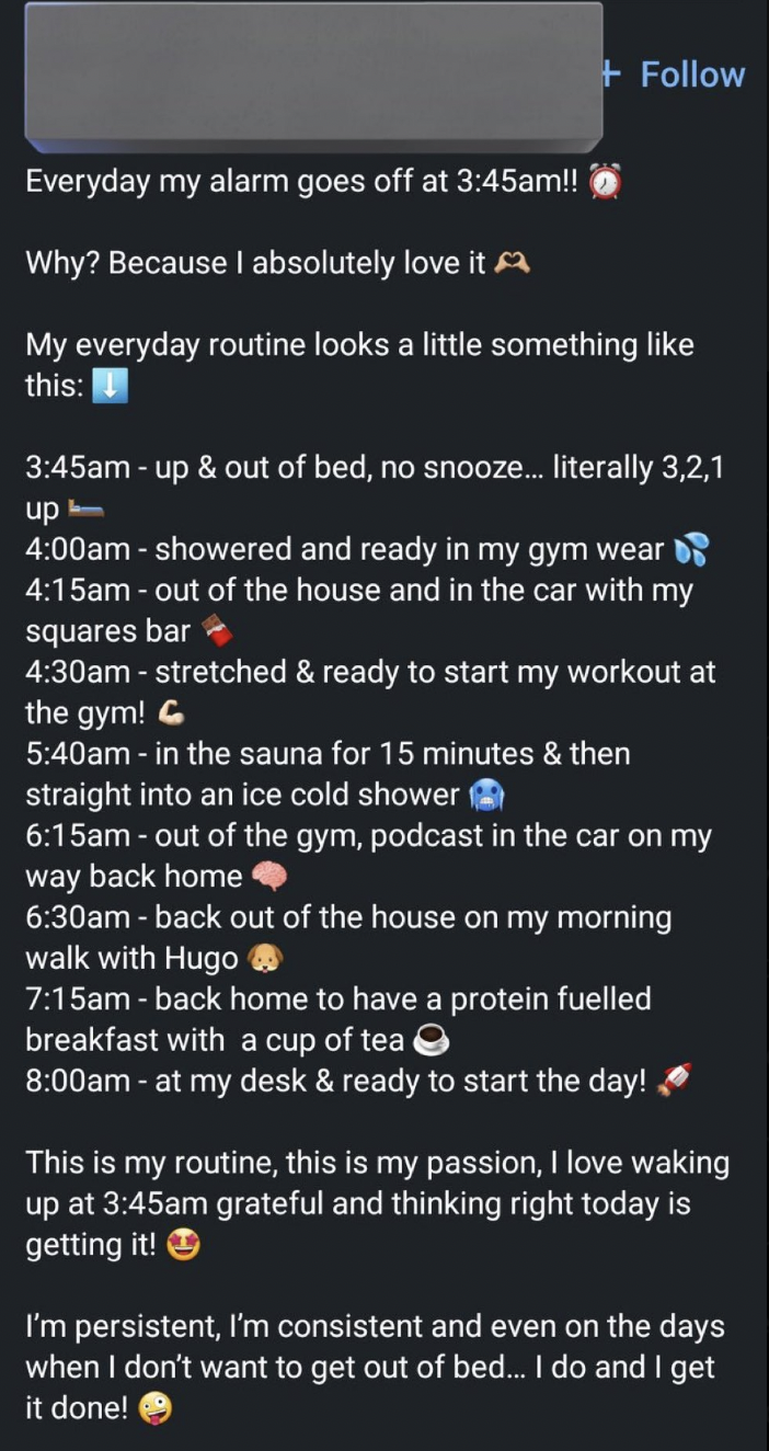 screenshot - Everyday my alarm goes off at am!! Why? Because I absolutely love it My everyday routine looks a little something this amup & out of bed, no snooze... literally 3,2,1 up am showered and ready in my gym wear am out of the house and in the car 