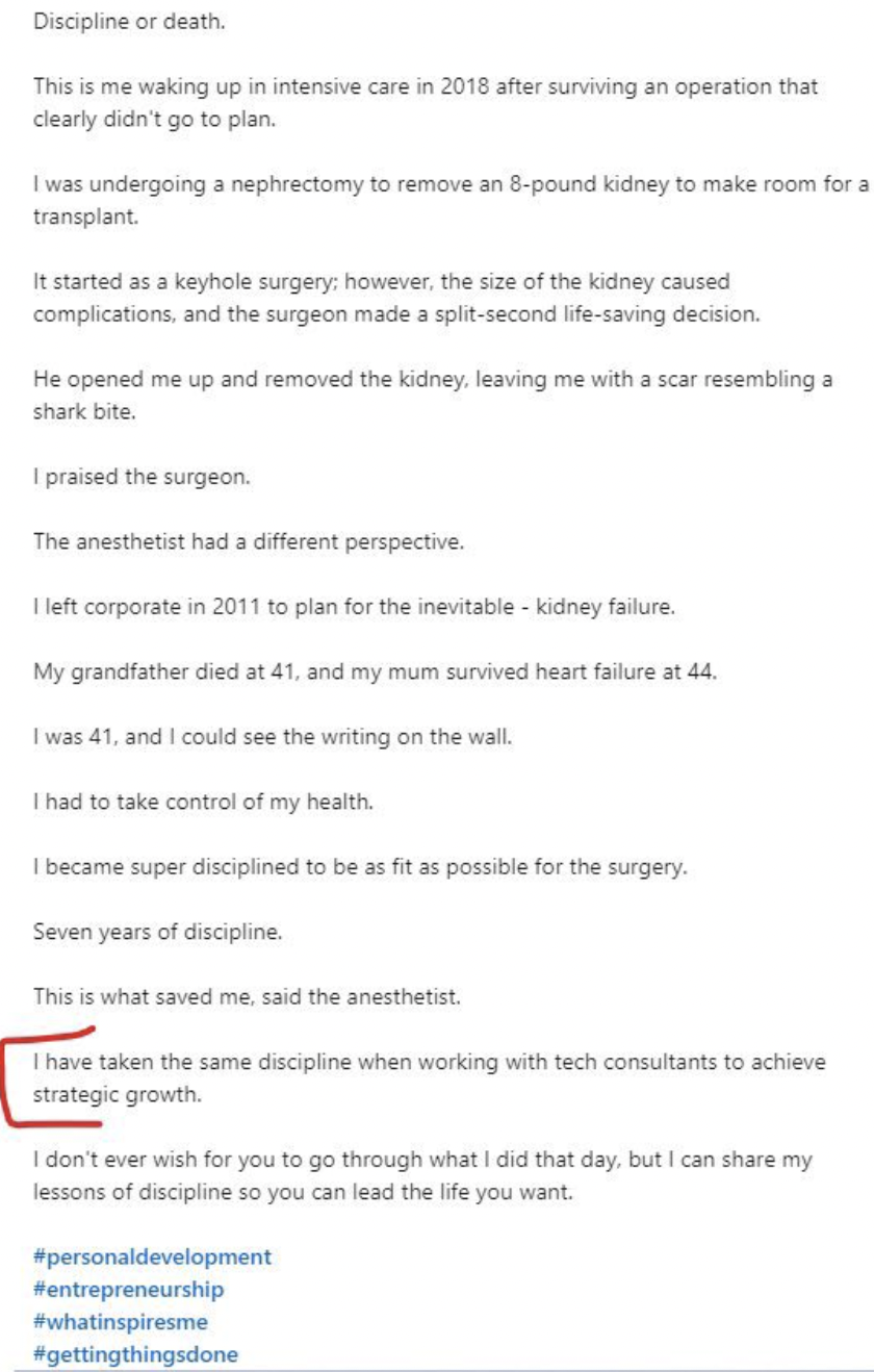 document - Discipline or death. This is me waking up in intensive care in 2018 after surviving an operation that clearly didn't go to plan. I was undergoing a nephrectomy to remove an 8pound kidney to make room for a transplant. It started as a keyhole su