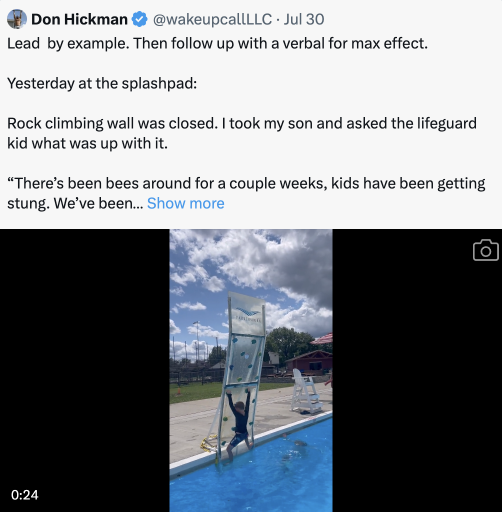 sky - Don Hickman . Jul 30 Lead by example. Then up with a verbal for max effect. Yesterday at the splashpad Rock climbing wall was closed. I took my son and asked the lifeguard kid what was up with it. "There's been bees around for a couple weeks, kids h