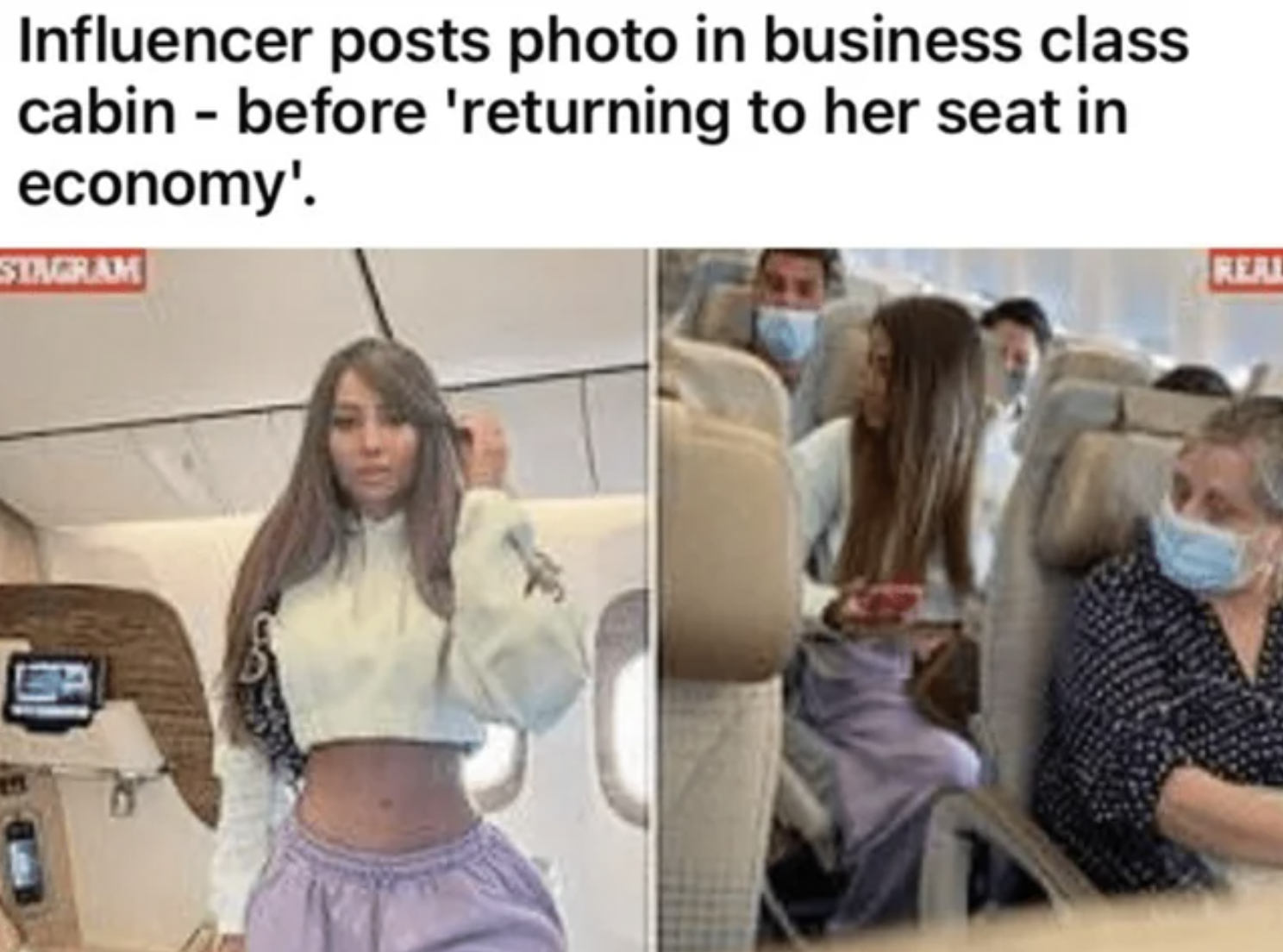 cringe pics - oceane el himer economy - Influencer posts photo in business class cabin before 'returning to her seat in economy'. Stagram Real