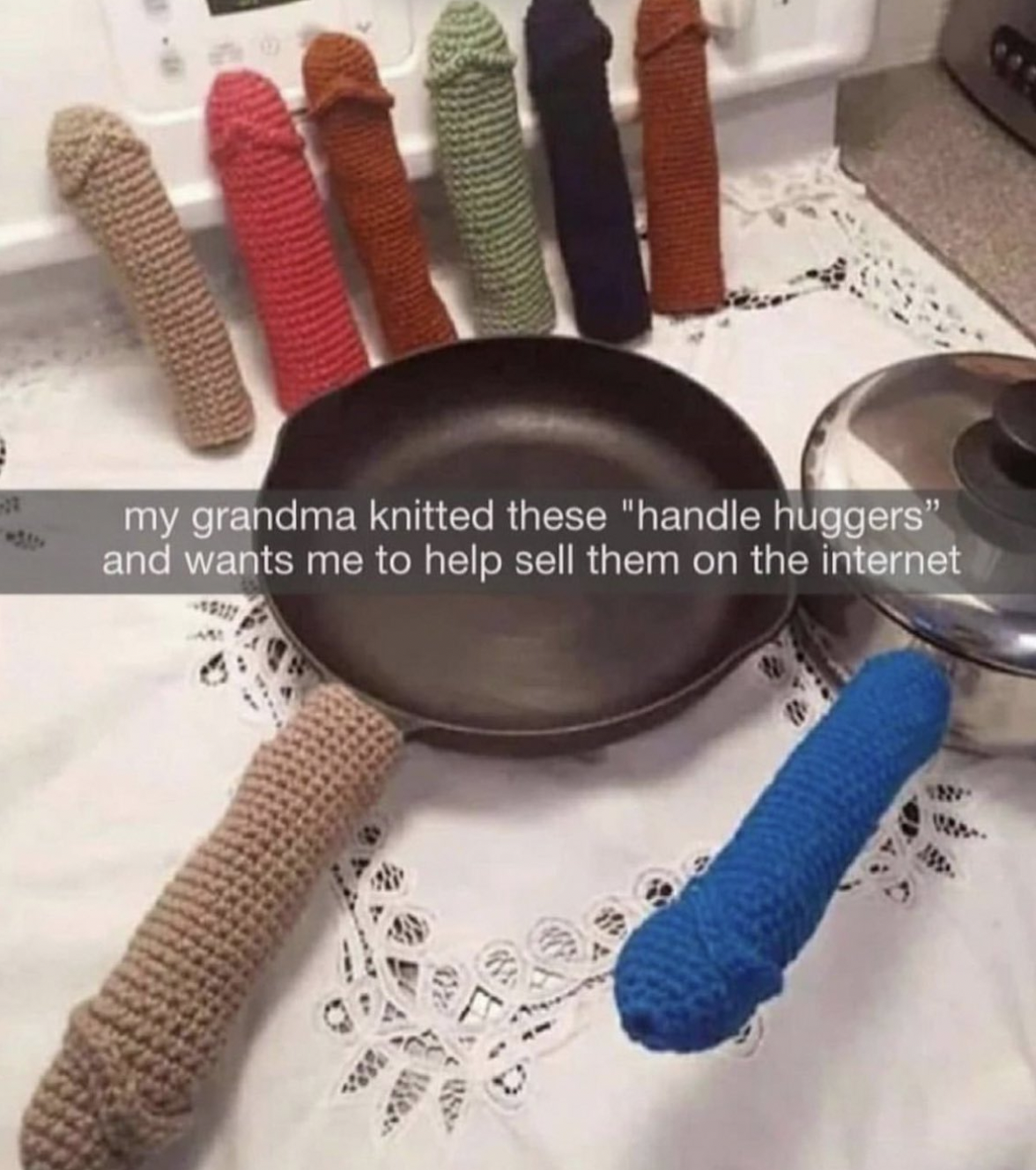 tableware - i S my grandma knitted these "handle huggers" and wants me to help sell them on the internet M