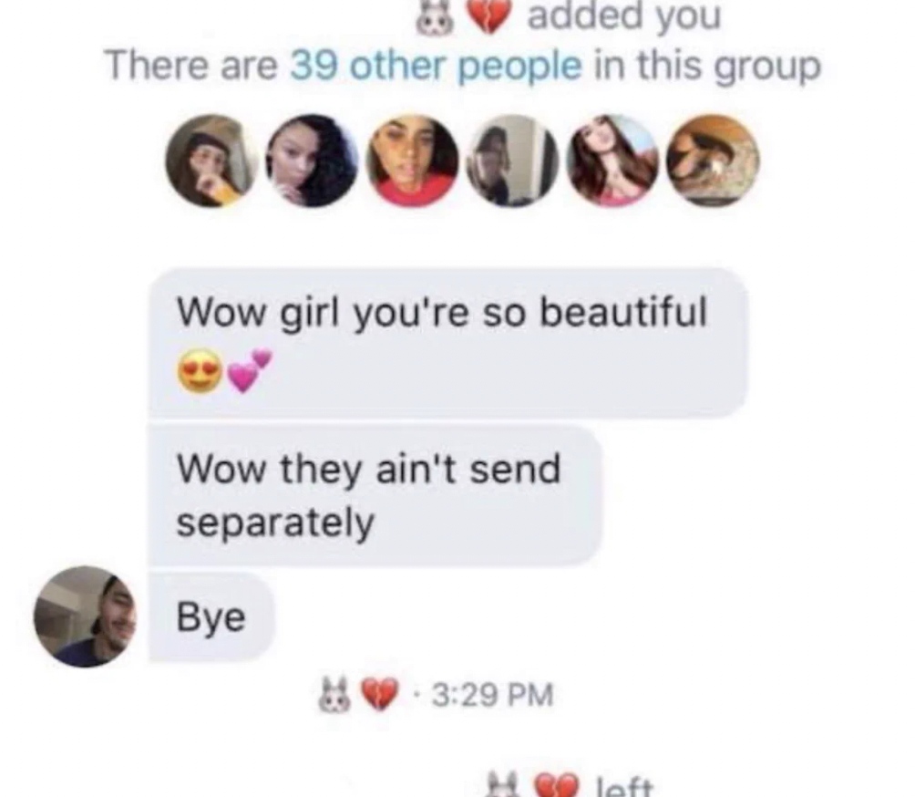 ain t sending separately - added you There are 39 other people in this group Wow girl you're so beautiful Wow they ain't send separately Bye left