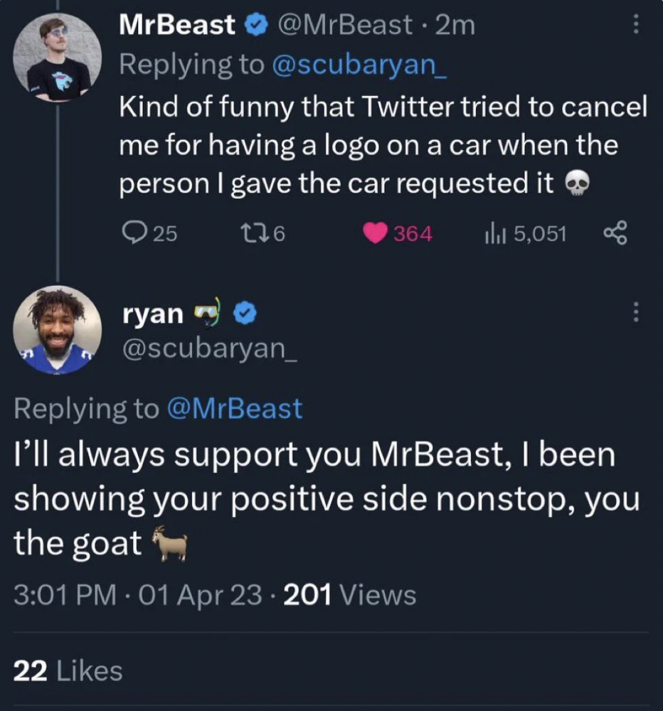 screenshot - MrBeast . 2m Kind of funny that Twitter tried to cancel me for having a logo on a car when the person I gave the car requested it 25 176 364 il 5,051 ryan I'll always support you MrBeast, I been showing your positive side nonstop, you the goa