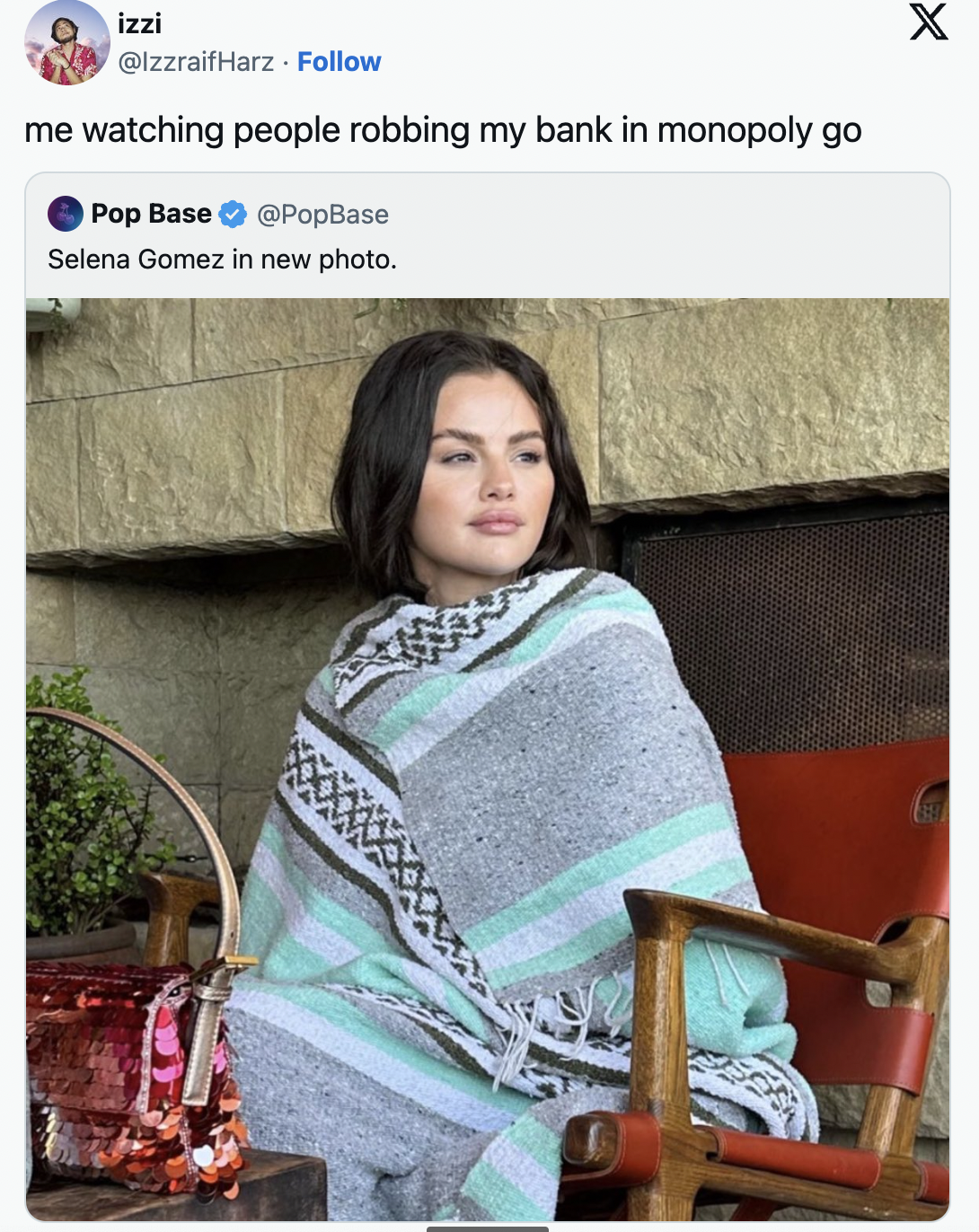 selena gomez in a blanket - knitting - izzi . me watching people robbing my bank in monopoly go Pop Base Selena Gomez in new photo.