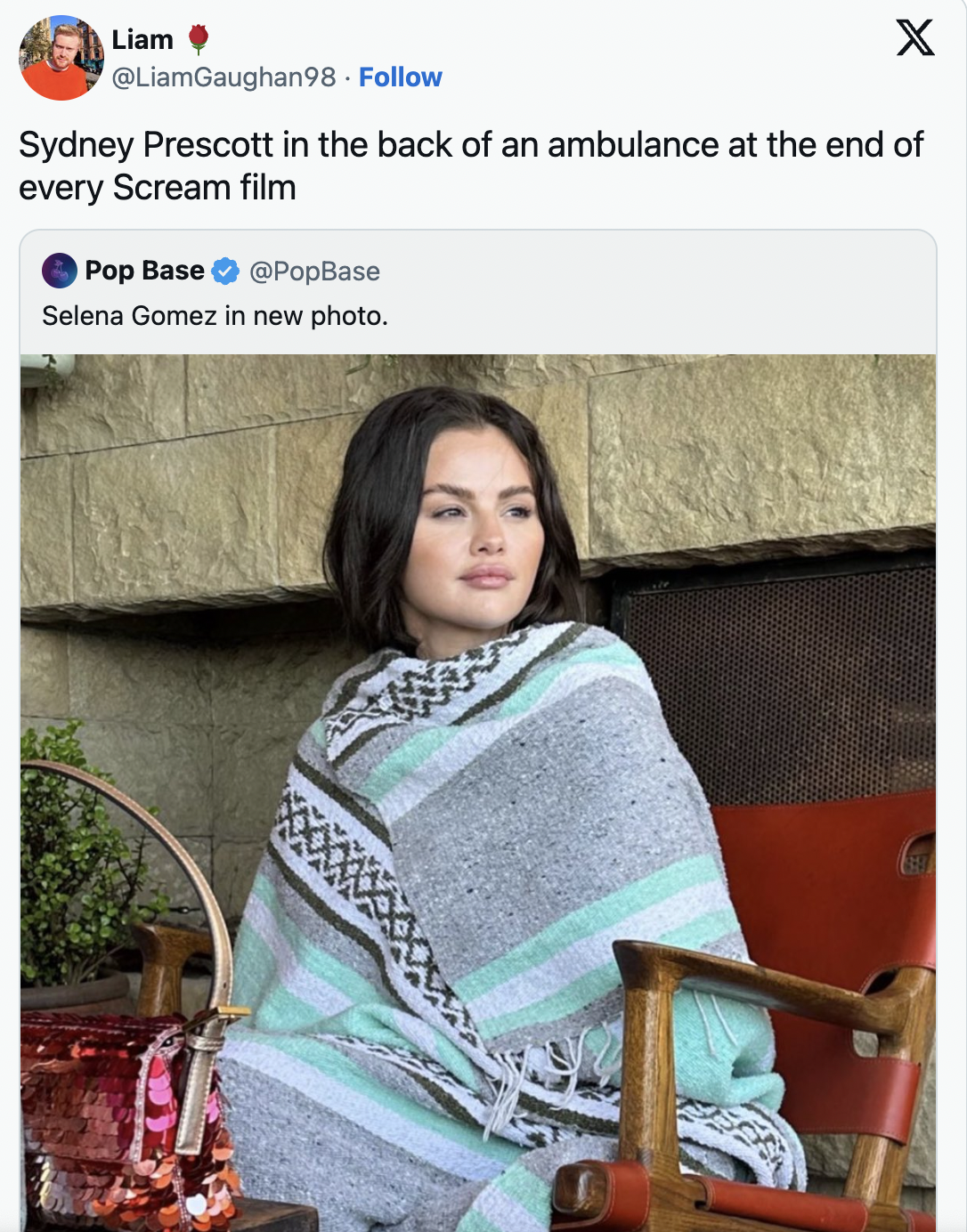 selena gomez in a blanket - X . Sydney Prescott in the back of an ambulance at the end of every Scream film Liam Pop Base Selena Gomez in new photo.