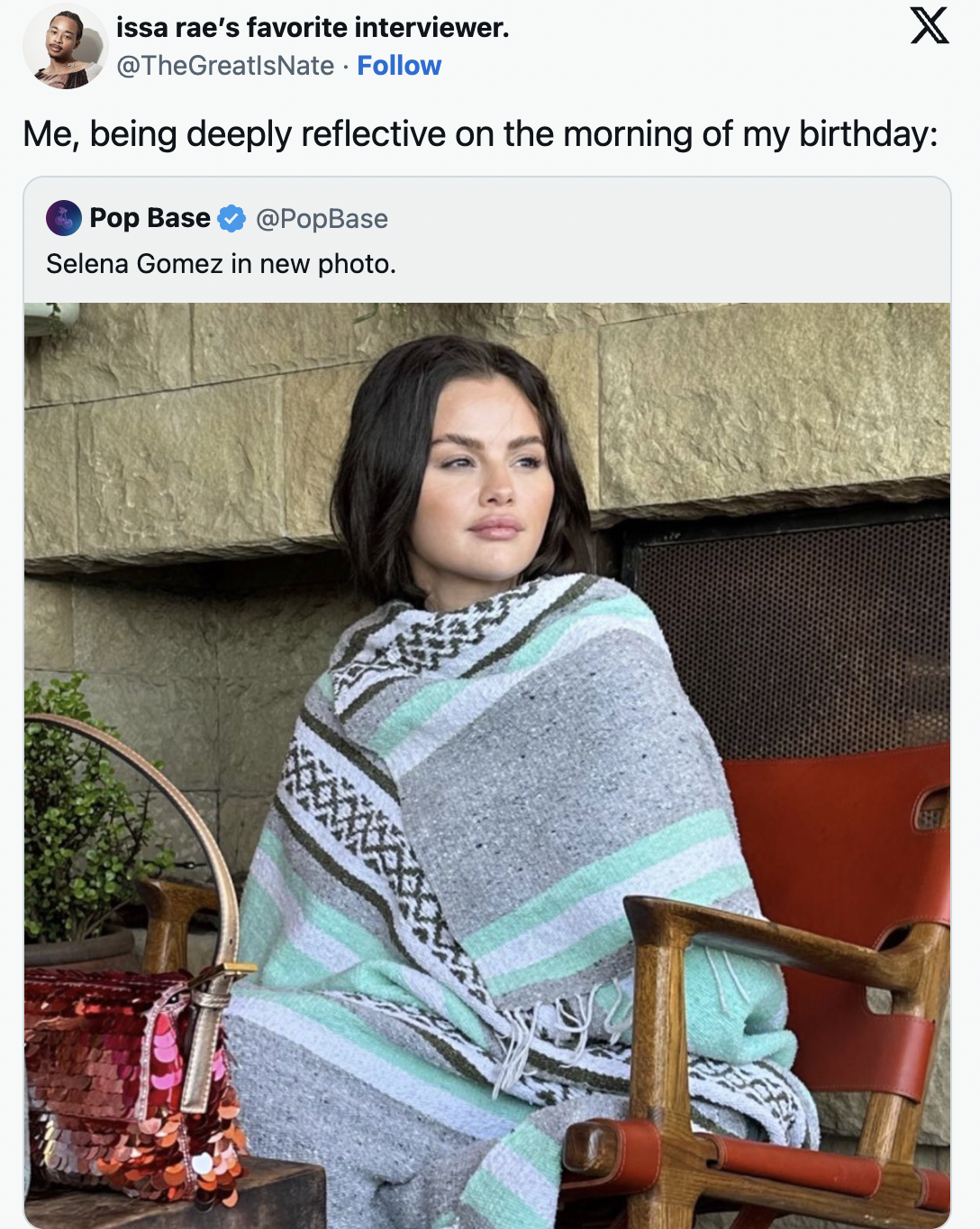 selena gomez in a blanket - knitting - issa rae's favorite interviewer. Me, being deeply reflective on the morning of my birthday X Pop Base Selena Gomez in new photo.