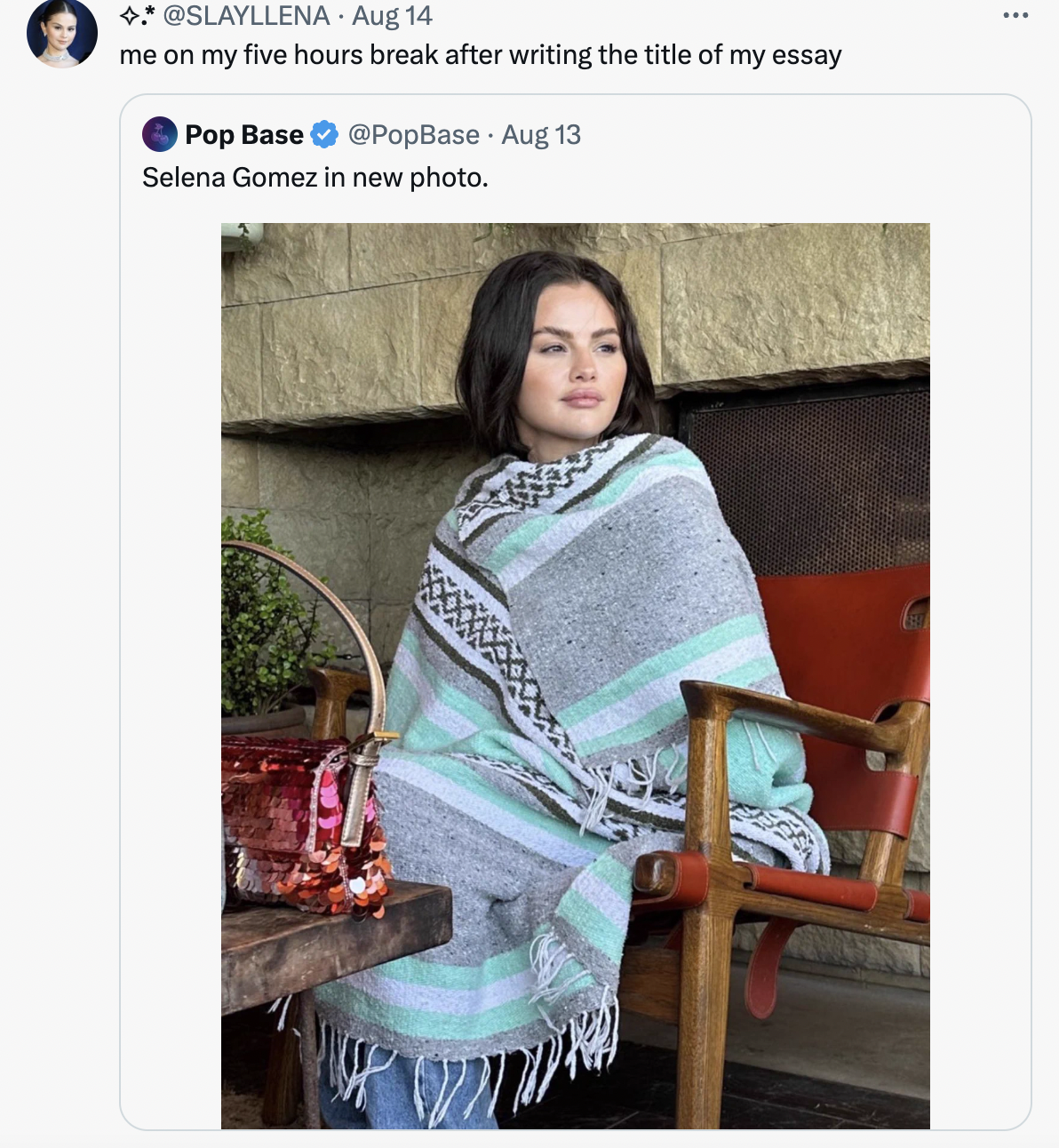 selena gomez in a blanket - stole - . Aug 14 me on my five hours break after writing the title of my essay Pop Base Aug 13 Selena Gomez in new photo. 77440 ...