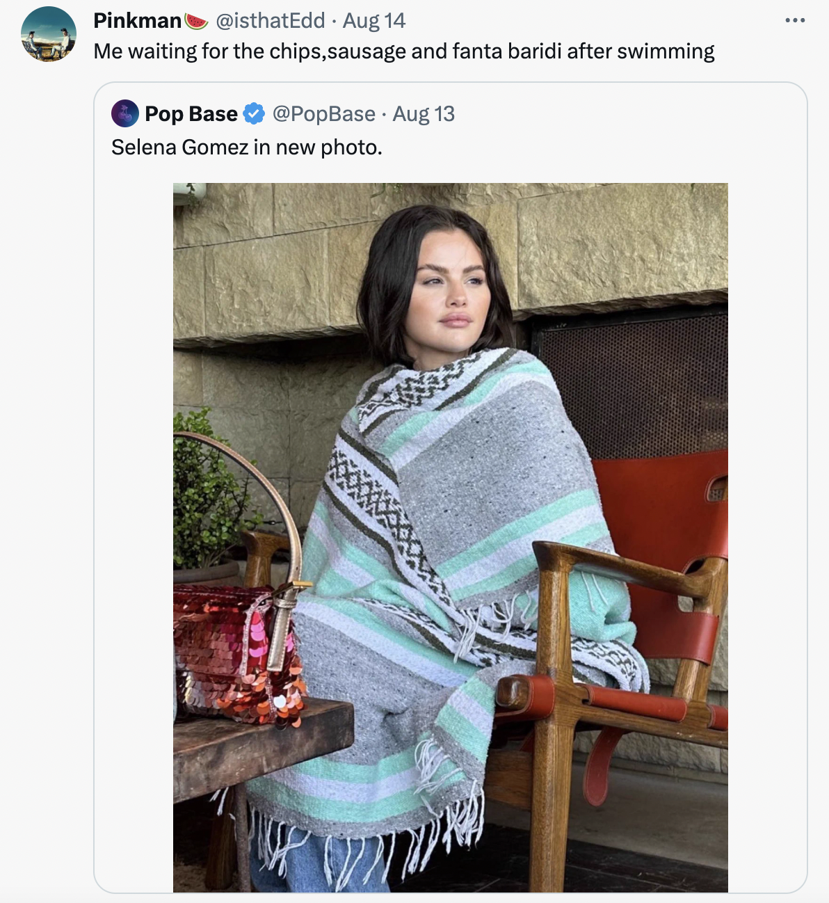 selena gomez in a blanket - stole - Pinkman . Aug 14 Me waiting for the chips, sausage and fanta baridi after swimming Pop Base Aug 13 Selena Gomez in new photo. 2774 !