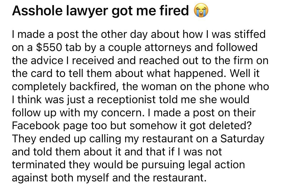 Waiter Complains to Law Firm After Large Group Doesn't Tip, They Get Him Fired Instead