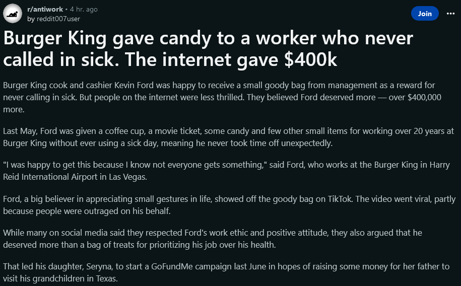 Burger King Gave Him a Bag of Candy For Never Calling in Sick, the Internet Gave Him $400,000