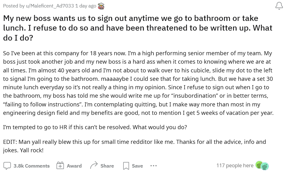Employee Threatened with Write up for Refusing to Sign Out to Use the Bathroom