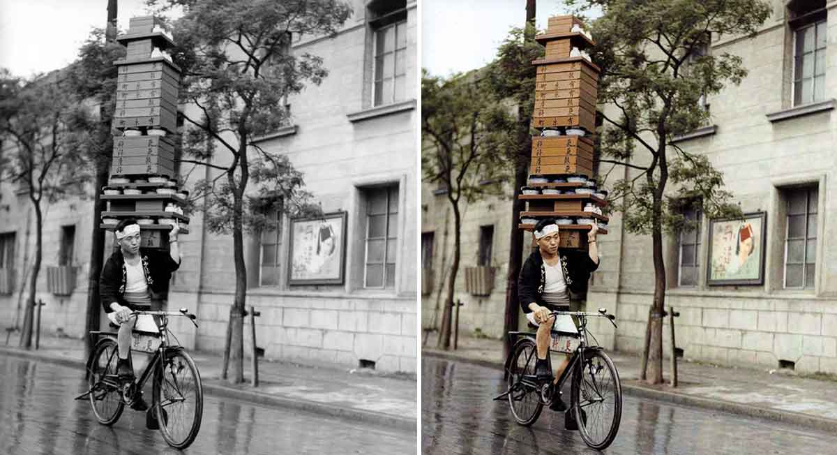 A Japanese man rides his bike carrying soba noodles on his shoulder in Tokyo, 1935.