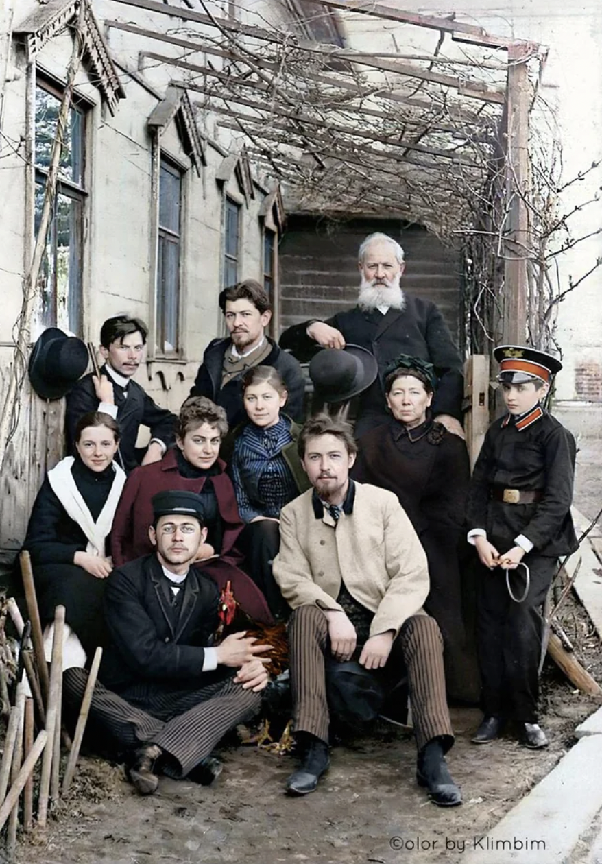Anton Pavlovich Chekhov among relatives and friends in the courtyard of his house on Sadovo-Kudrinskaya street. Spring 1890.