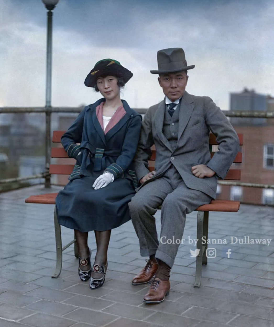 A very dapper secretary of the Embassy of Japan. Taketomi Toshihiko, seated with his wife. Washington D.C. October 24, 1922.