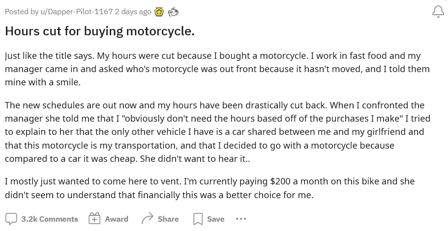 'You Don't Need Them': Manager Cuts Employees Hours Because He Bought a Motorcycle