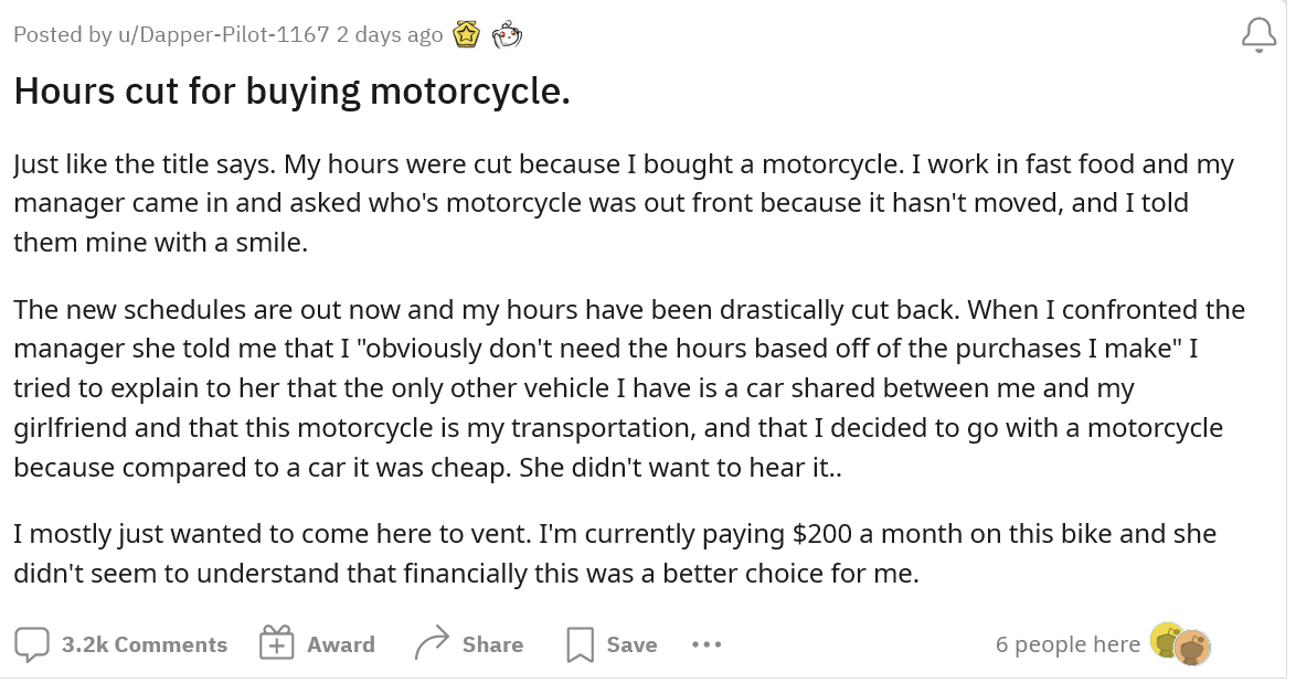 'You Don't Need Them': Manager Cuts Employees Hours Because He Bought a Motorcycle