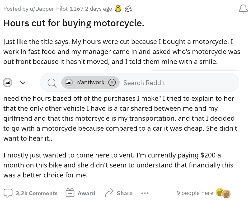 'You Don't Need Them': Manager Cuts Employees Hours Because He Bought a Motorcycle