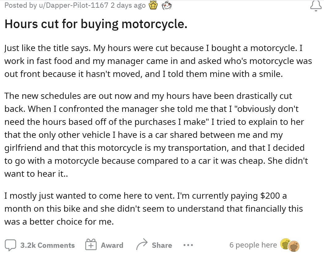 'You Don't Need Them': Manager Cuts Employees Hours Because He Bought a Motorcycle