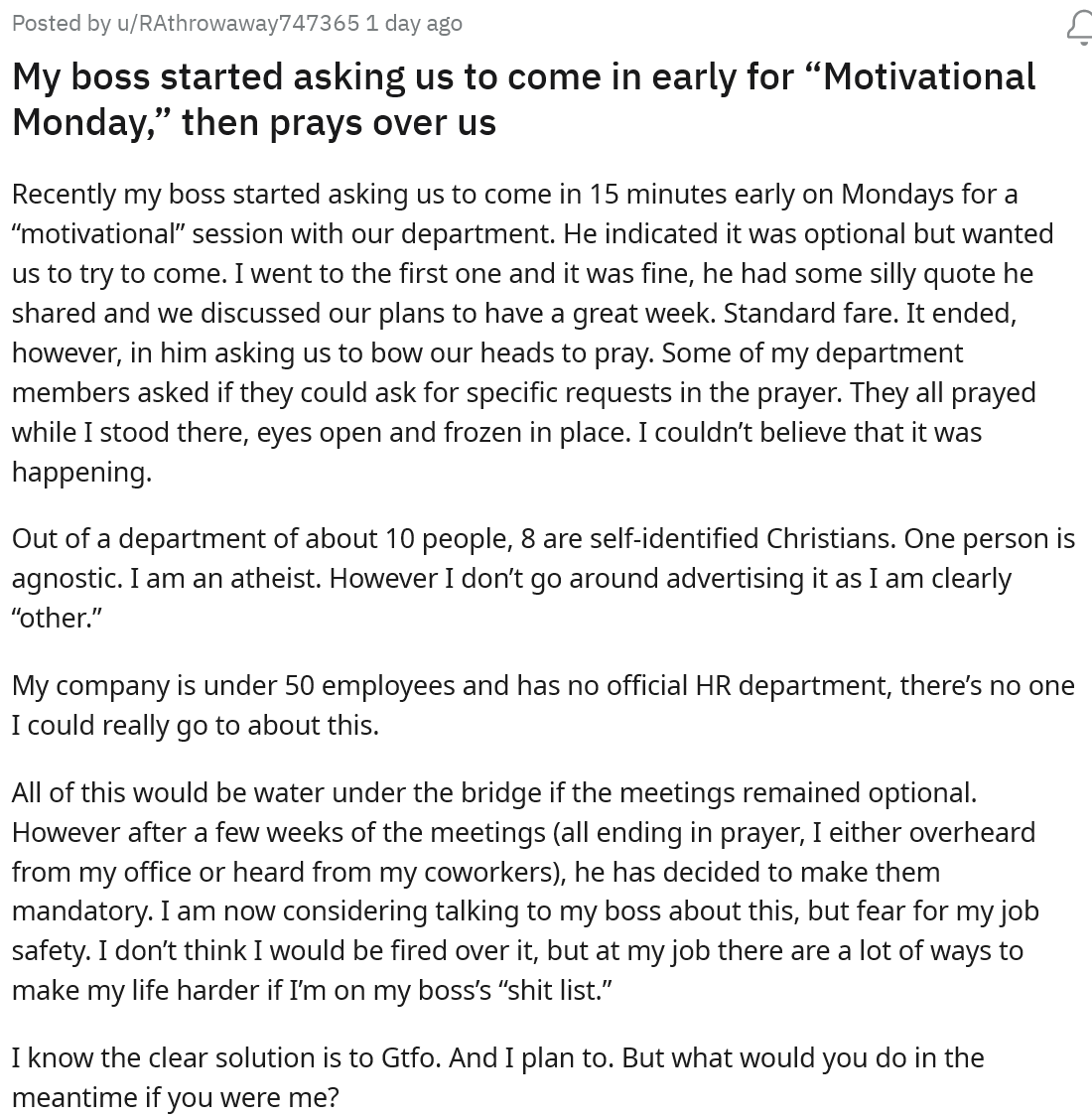 Boss Demands Employees Arrive Early For 'Motivational Mondays' So He Can Pray Over Them