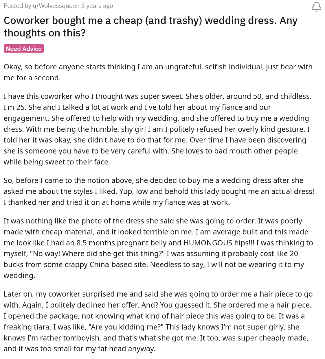 Bride to Be Upset That Co-Worker Keeps Buying Her Trashy Wedding Dresses