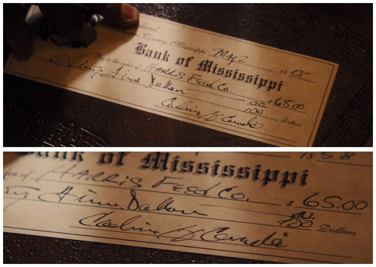 movie mistakes - calligraphy - County, Mississippi May2 Bank of Mississippi Ving. Fins Jalan to the ender of Harl'S Feed Co. Coulin & Condic aa 16800 an al ississippi and Hallis FESd Co. us & im dallon Carlin H Cand 18 5 & 65.00 Dollars