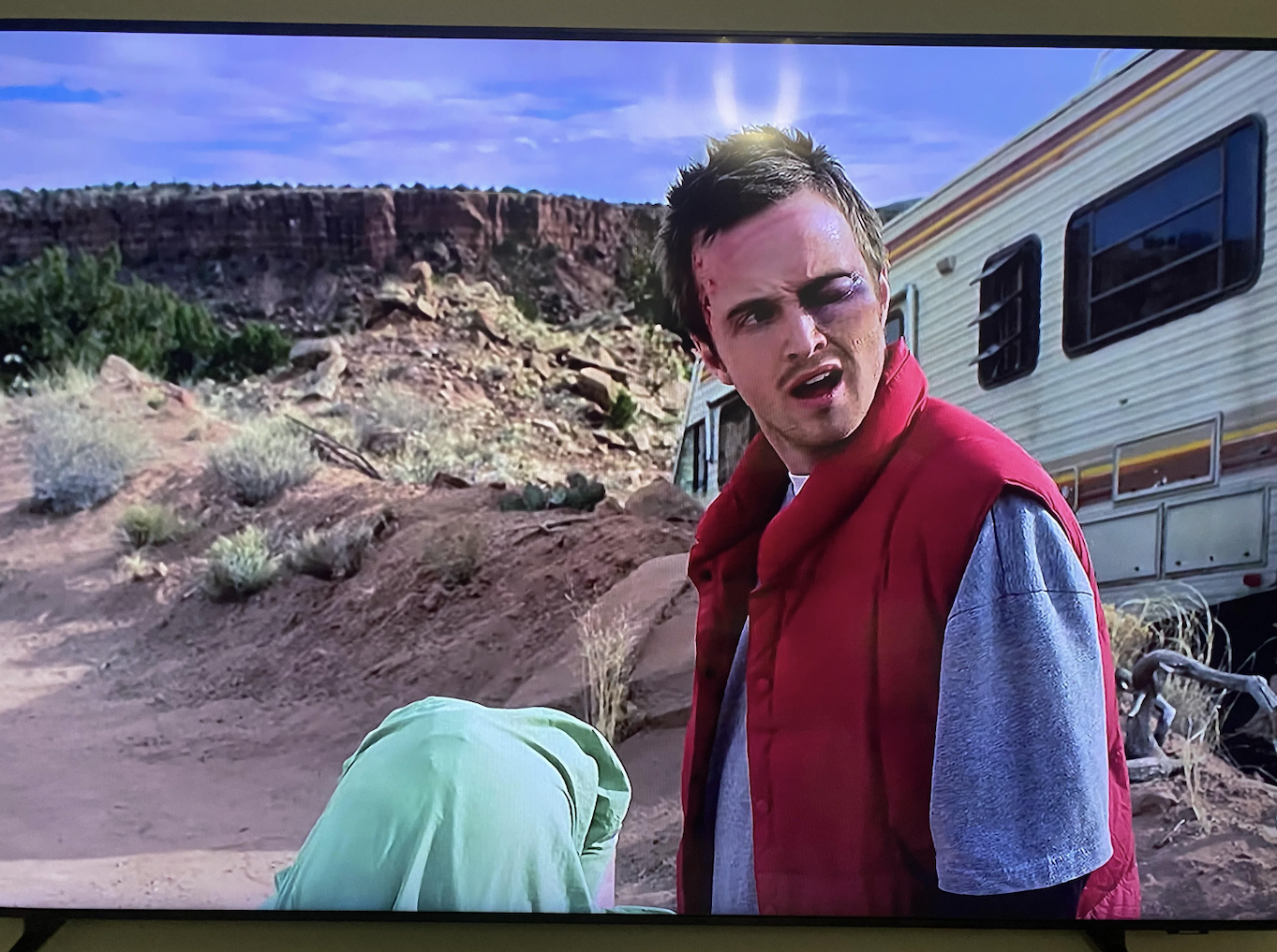 movie mistakes - - First episode of Breaking Bad. What is that thing on Walter’s back? He was wearing nothing but tighty whities and a shirt. Looks like a microphone pack.