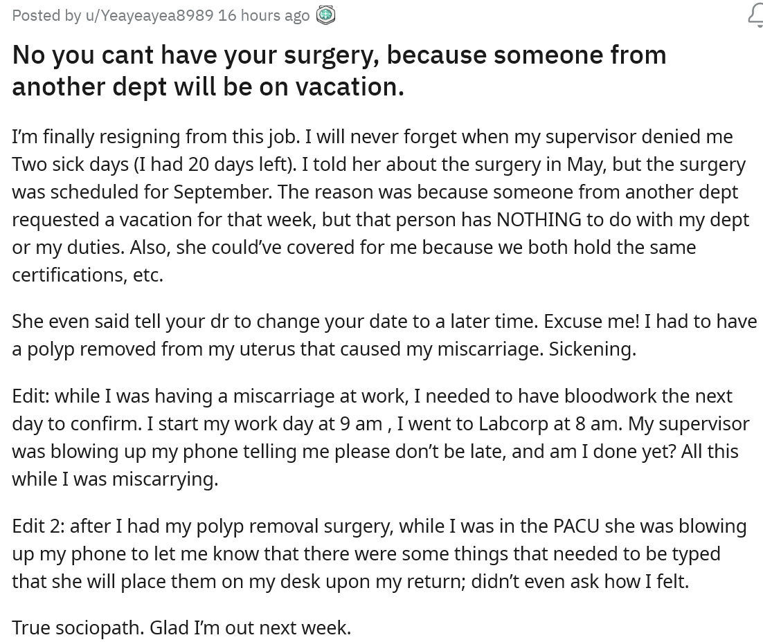 Employee Denied Time Off For Surgery Because Another Employee Would Be On Vacation