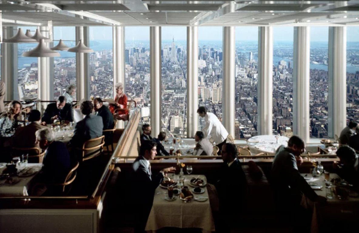 1976 photo from the restaurant Windows on the World, which sat atop New York City's World Trade Center's north tower.