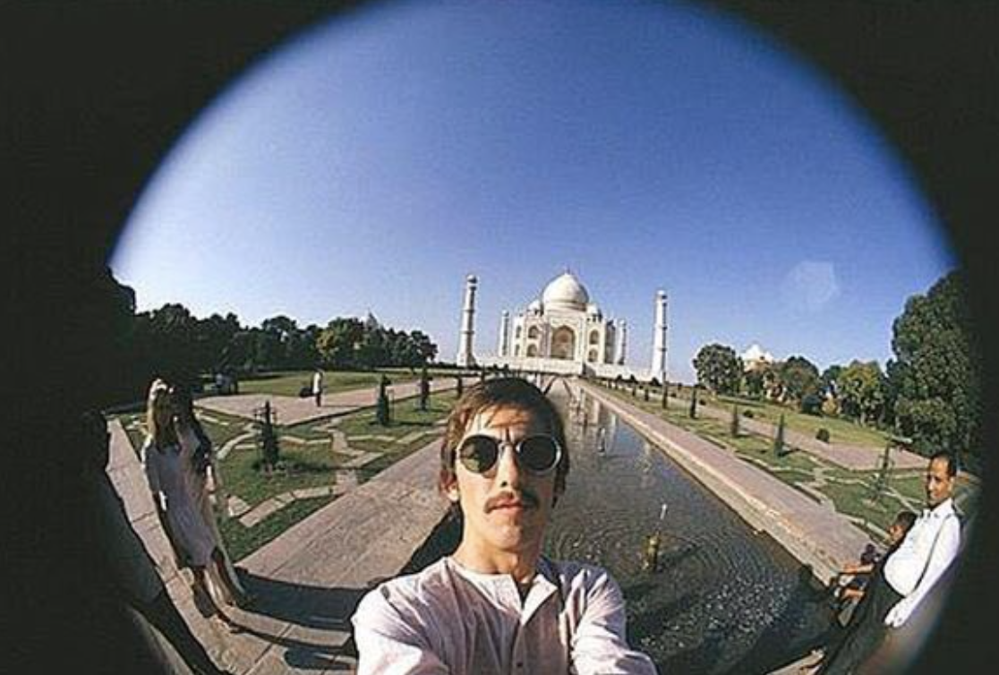 George Harrison of the Beatles taking a selfie at the Taj Mahal in 1966.
