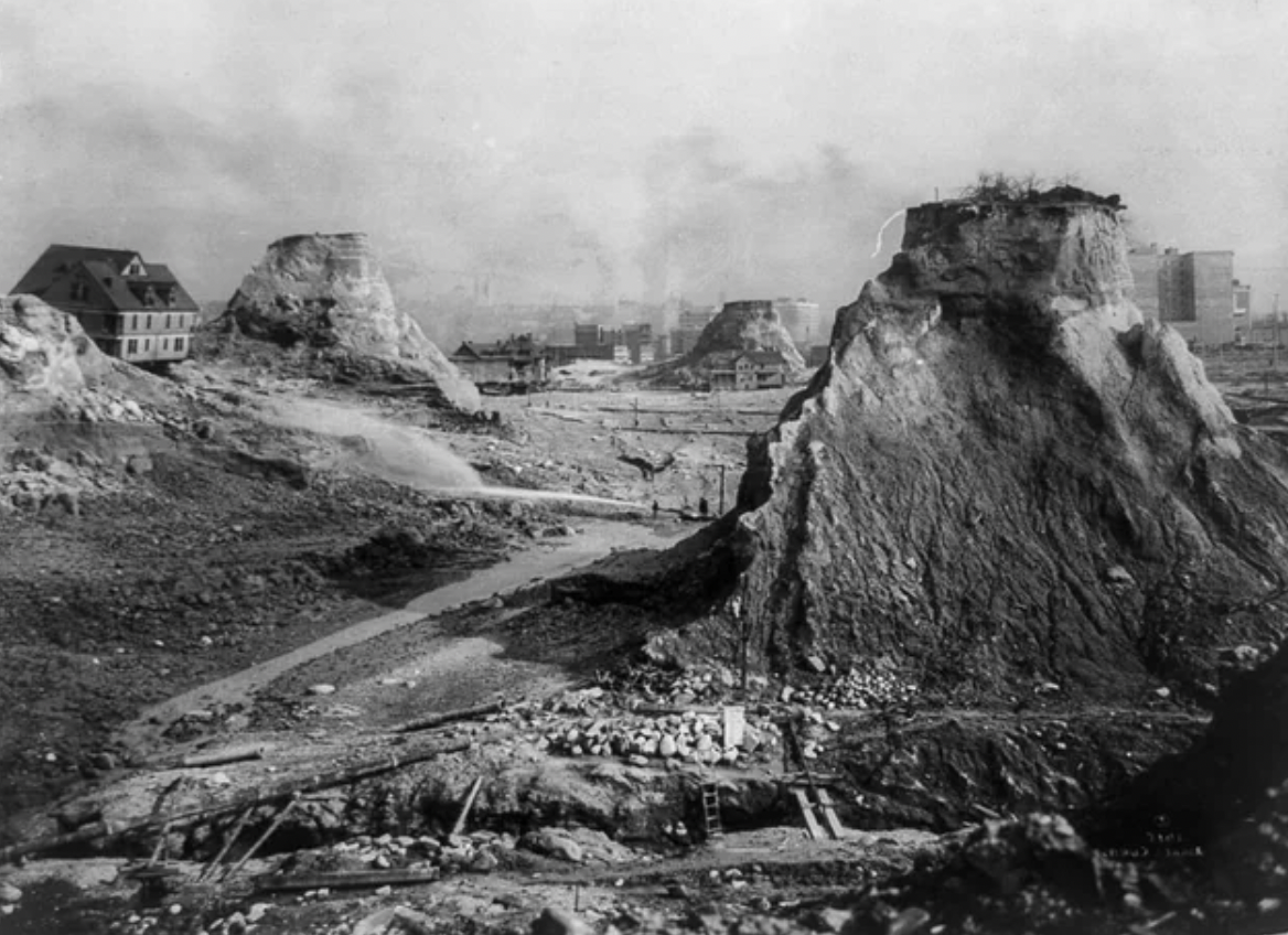 Flattening hills to build Seattle, 1905-1930.