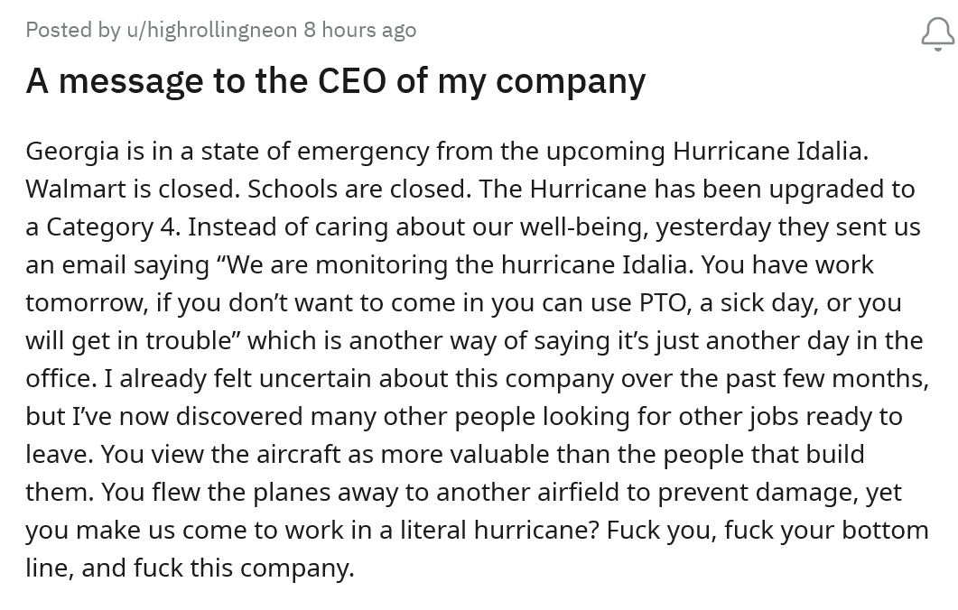 Company Tells Employees to Use PTO If They Are Unable to Come In Due to Hurricane Idalia