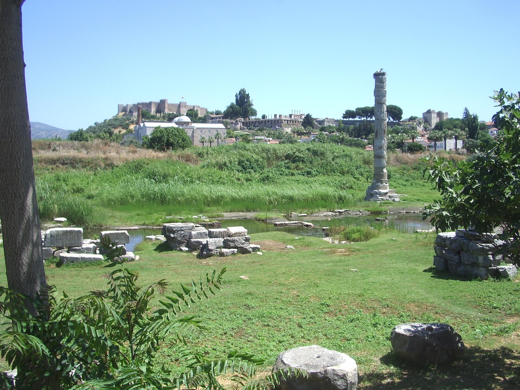 All that's left of The Temple of Artemis, one of the Seven Wonders of the Ancient World. Built 550BCE, rebuilt in 323BCE, destroyed probably in the 5th century CE. View from the garden of a rather nice bar/restaurant across the road. Selcuk, Turkey.