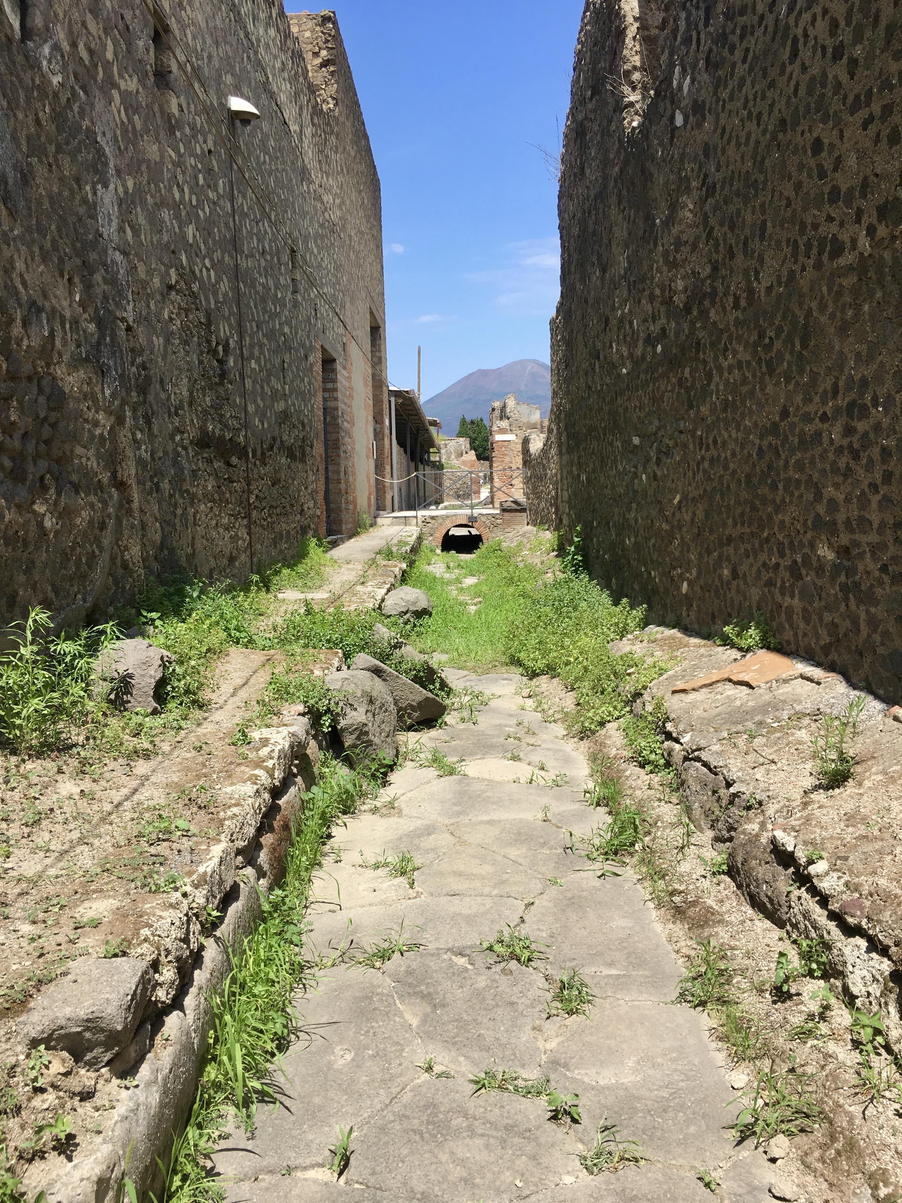 View of Pompeii's Alley of the Pharmacist, running here between two massive Roman domiciles. Vesuvius looms beyond the road drain. 1st century CE. Campania, Italy.