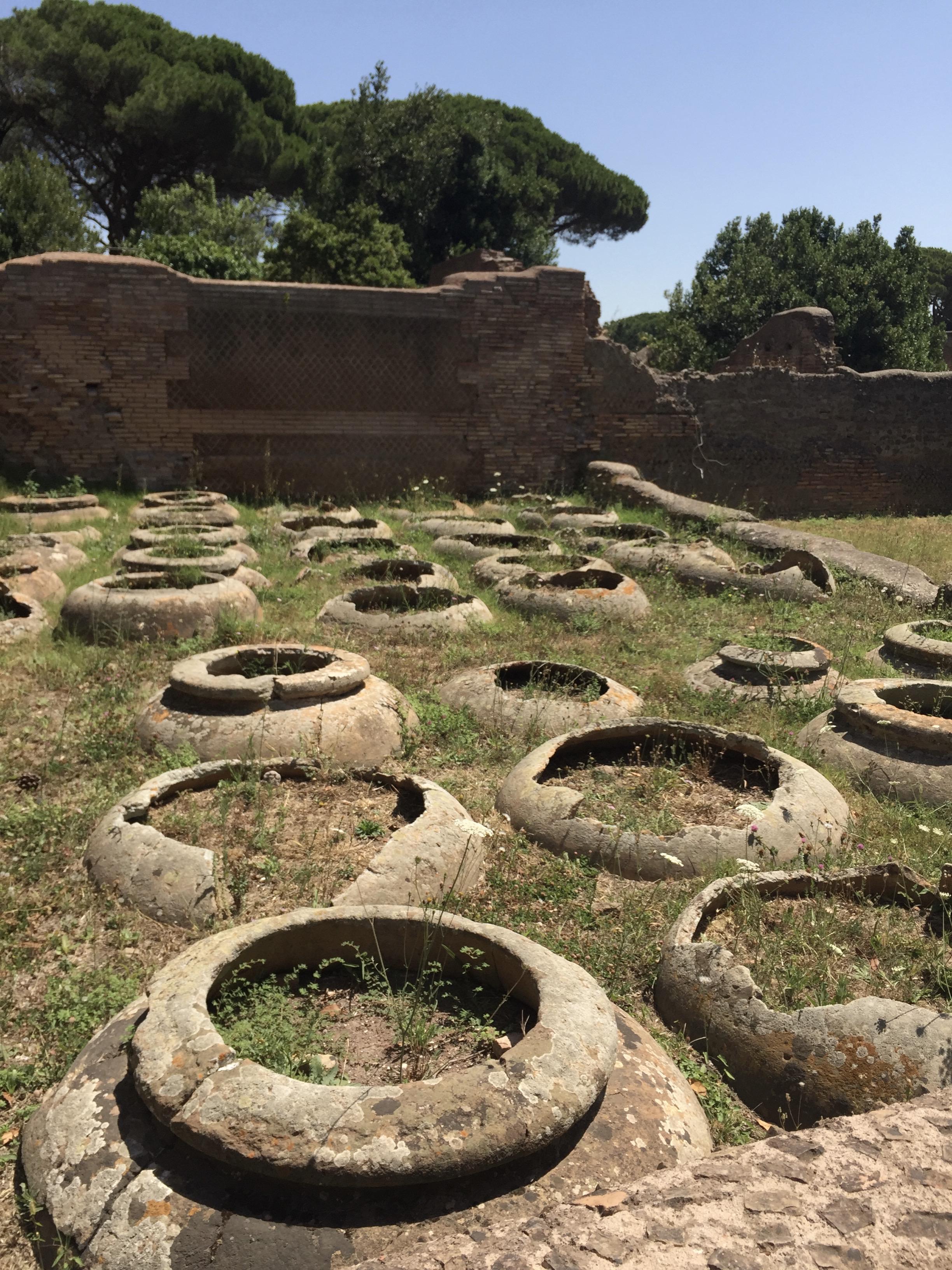 With 35 large jars (dolia) buried inside the floor, this Roman building likely served as a repository for olive oil or wine. It was first built around 130-145 CE, but remained in use until the 5th century. Ostia, Italy.