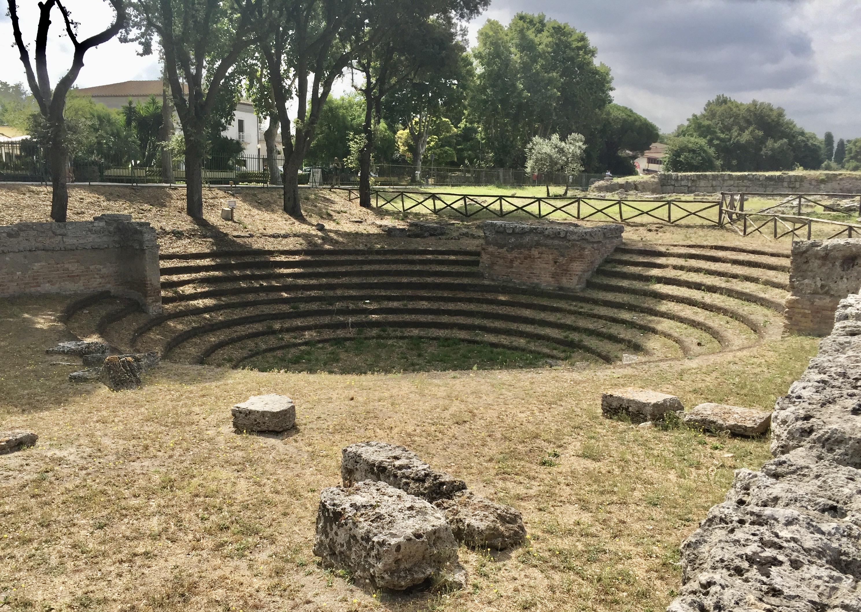 Unroofed, circular meeting place for a civic deliberative body at the agora of Paestum, a Greek colony in southern Italy, c.450 BCE. It may be an ekklesiasterion, or popular assembly. The space may instead be a bouleuterion, the lot-selected executive council, as it only held 500-600 people.