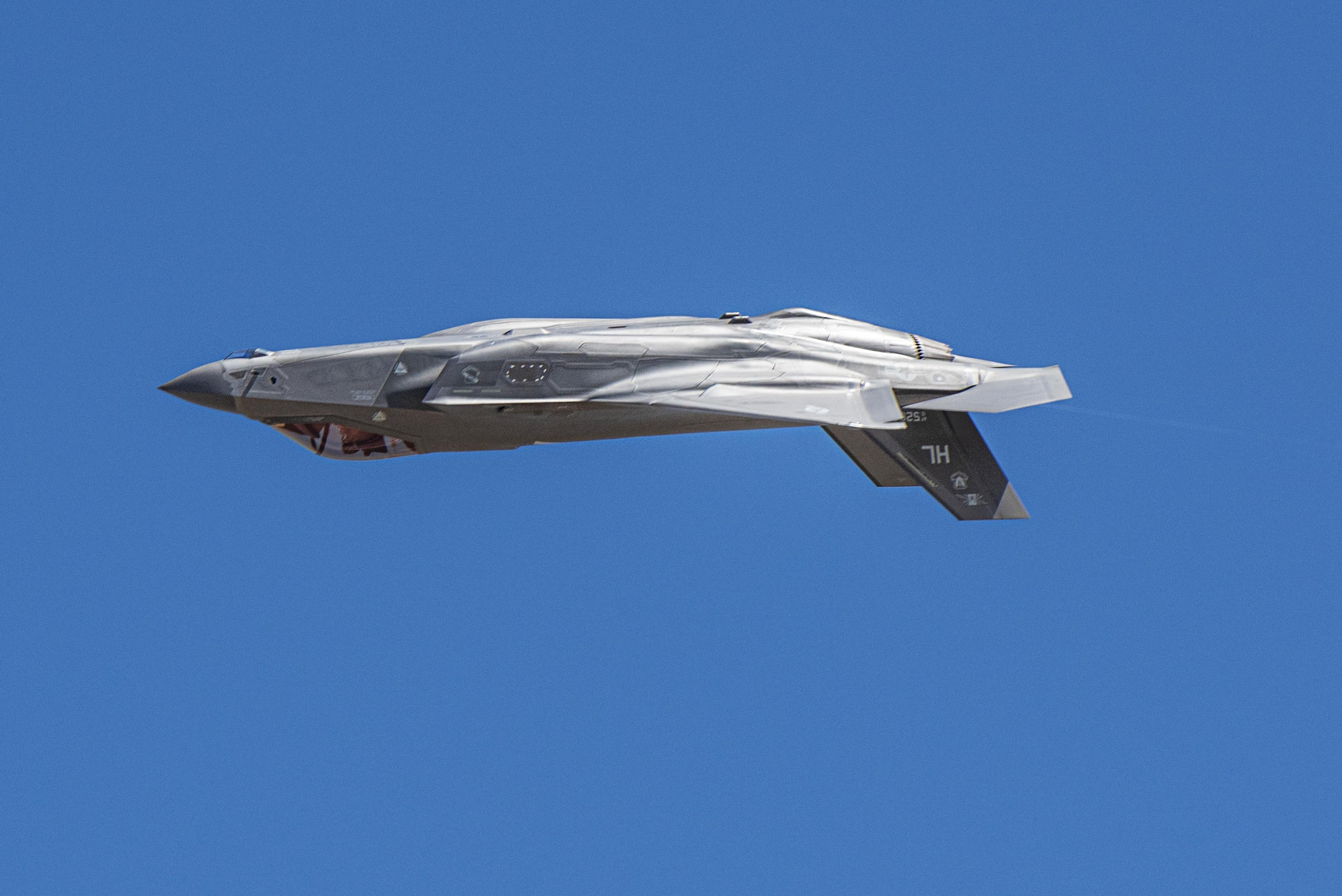 F-35A Lightning II with belly mounted luneberg lenses performs during Gowen thunder airshow, Boise, Idaho.